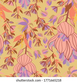 Floral pattern with orchid, leaves and fantasy flowers.