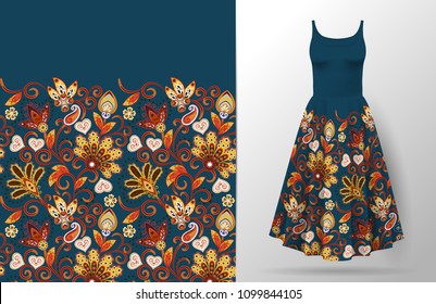 Floral pattern with oriental hand drawing ornament. Vector illustration in asian textile style. Women's dress mock up. Bright orange red on dark blue background