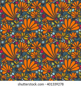 Floral floral pattern. Ornamental pattern of bright natural motifs. Pattern from plants, flowers, herbs and ladybirds, hand drawn, vector.