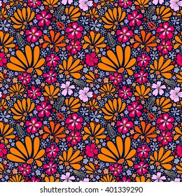 Floral floral pattern. Ornamental pattern of bright natural motifs. Pattern from plants, flowers, herbs and ladybirds, hand drawn, vector.