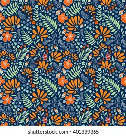 Floral floral pattern. Ornamental pattern of bright natural motifs. Pattern from plants, flowers, herbs and ladybirds, hand drawn, vector.