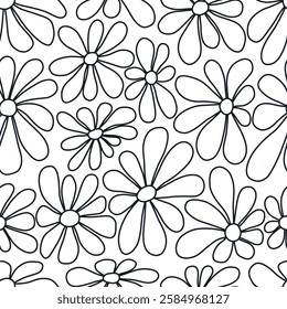 Floral Pattern with Outline Black Flowers. Seamless Print with Chamomile Flowers on White Background. Summer Flowers. Sample can be used for Fabric, Cover, Mugs, Coloring. Vector Illustration