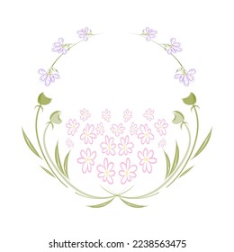 Floral pattern in an oval close-up isolated on a white background, a sprig of delicate lilac small flowers with leaves and buds in pastel colors, vector illustration frame