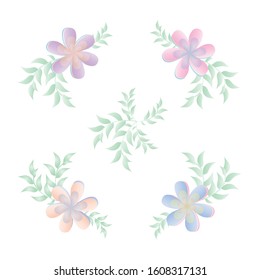 Floral pattern, pastel colors, several objects. Set beautiful spring flowers, leaves, twigs of blue, pink, yellow, beige, green, isolate on a white background, individual elements of different shades
