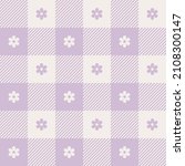 Floral pattern in pastel lilac. Gingham check plaid illustration for Easter gift paper, tablecloth, blanket, duvet cover, dress. Seamless vichy tartan for spring summer holiday fashion textile print.