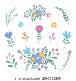 Floral pattern in pastel tones with a bouquet of flowers on a white background