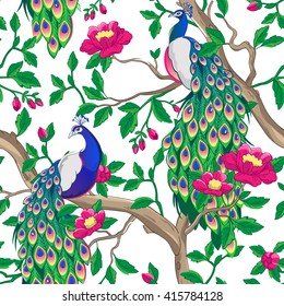 Floral pattern with peacock sitting on a tree with pink flowers.