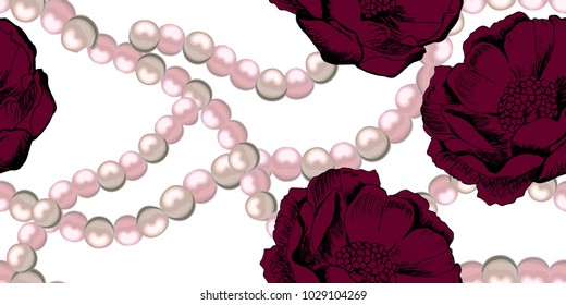 Floral pattern pearls and  peony  hand drawn flower , in vector,  wallpaper, textile, fabric