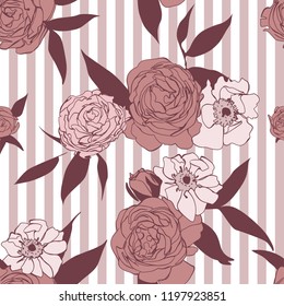 Floral pattern, peonies in  striped background
