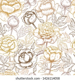 Floral pattern. Peonies textile design pictures of flowers and leaves nature vector seamless background. Illustration of pattern seamless sketch flower