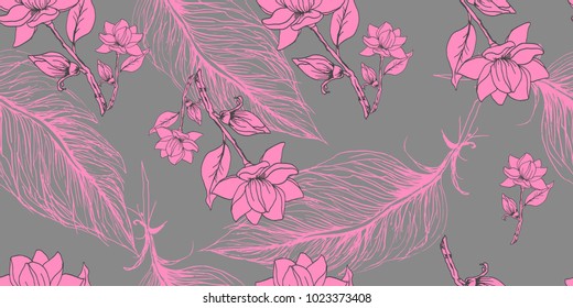 Piscina floral y flor de plumas dibujada a mano , en vectorial, papel pintado, textil, tela