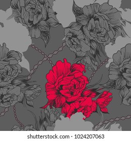 Floral pattern peony grey hand drawn flower , in vector,  wallpaper, textile, fabric