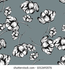 Floral pattern peony hand drawn flower , in vector,  wallpaper, textile, fabric