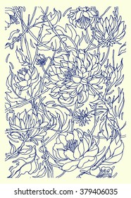 Floral pattern with Peony. Hand drawn flower pattern Vector illustration.