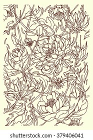 Floral pattern with Peony. Hand drawn flower pattern Vector illustration.