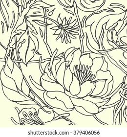 Floral pattern with Peony. Hand drawn flower pattern Vector illustration.