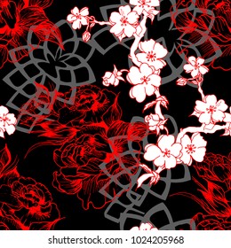 Floral pattern peony and sakura geometric hand drawn flower , in vector,  wallpaper, textile, fabric