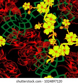 Floral pattern peony and sakura geometric hand drawn flower , in vector,  wallpaper, textile, fabric