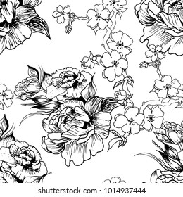 Piscina floral y flor dibujada a mano sakura , en vectorial, papel pintado, textil, tela
