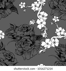 Floral pattern peony and sakura  hand drawn flower , in vector,  wallpaper, textile, fabric
