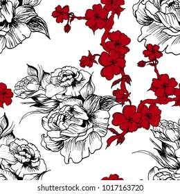 Floral pattern peony and sakura  hand drawn flower , in vector,  wallpaper, textile, fabric