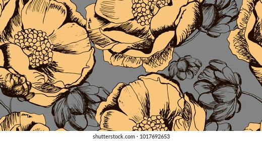 Floral pattern peony and sakura  hand drawn flower , in vector,  wallpaper, textile, fabric