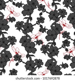 Floral pattern peony and sakura  hand drawn flower , in vector,  wallpaper, textile, fabric