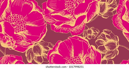 Floral pattern peony and sakura  hand drawn flower , in vector,  wallpaper, textile, fabric