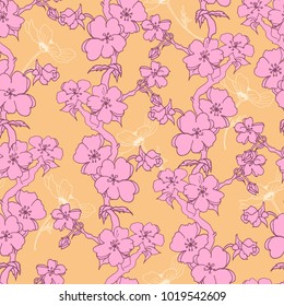 Floral pattern peony and sakura  hand drawn flower , in vector,  wallpaper, textile, fabric