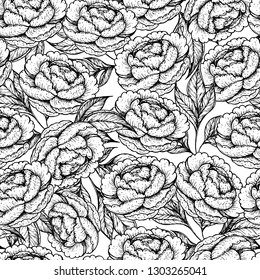 Floral pattern. Peony seamless pattern. Peony hand drawn vector illustration. Vintage sketch design. Peonies and leaves illustration. Flower vintage design. Floral illustration.