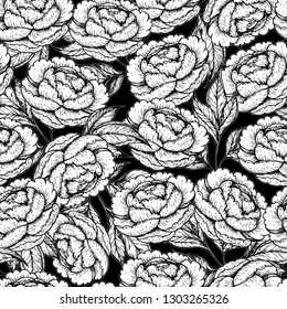 Floral pattern. Peony seamless pattern. Peony hand drawn vector illustration. Vintage sketch design. Peonies and leaves illustration. Flower vintage design. Floral illustration.