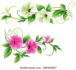 Floral pattern with petunia. Horizontal ornament with flowers and leaves