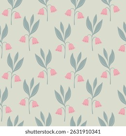 Floral pattern with pink bellflowers, on soft light background.