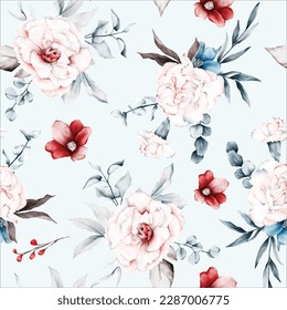 floral pattern with pink and blue flowers and red peonies