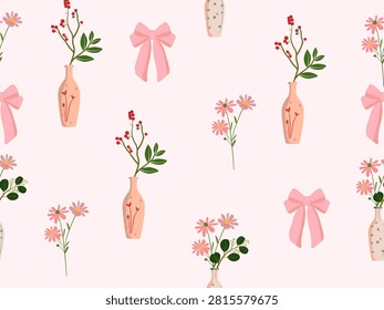 Floral Pattern with Pink Bows: A charming seamless pattern featuring delicate pink flowers in vases and sweet pink bows, evoking a sense of gentle femininity and springtime delight.