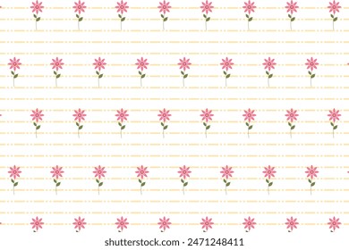 floral pattern of pink flower with green petal leaves, Cute horizontal stripe lines background with floral pink pattern design vector seamless repeated abstract background cover for clothes, gift wrap