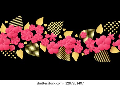 Floral pattern with pink flowers and golden leaves. Horizontal floral garland. Vector EPS10