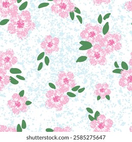 Floral Pattern with Pink Flowers and Green Leaves. The flowers are scattered throughout the pattern, with some larger and some smaller. Scene is one of softness and delicacy, with the flowers