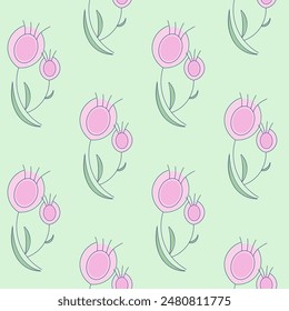 A floral pattern with pink flowers on a green background. Vector