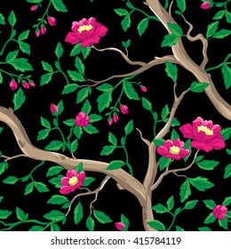 Floral pattern with pink flowers. Seamless vector background in chinese style.