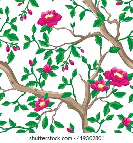 Floral pattern with pink flowers. Seamless vector background in chinese style.