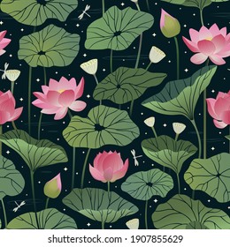 Floral pattern with pink lotus flowers and leaves on water background. Vector illustration