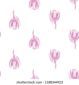 Floral pattern with pink outline protea. Seamless background for fabric design. Cute and beautiful watercolor vector illustration on white backdrop.