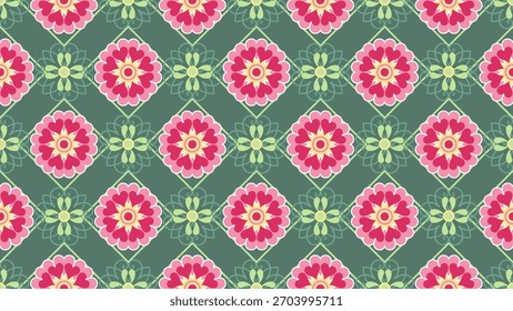 Patrón floral con flores rosas y rojas, hojas verdes y Formas geométricas sobre fondo verde oscuro, creando un diseño vibrante y decorativo sin fisuras
