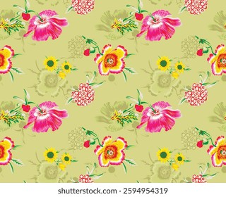 Floral pattern with pink, red, yellow, and white flowers on a light green background, for textile, wallpaper, gift wrapping, print