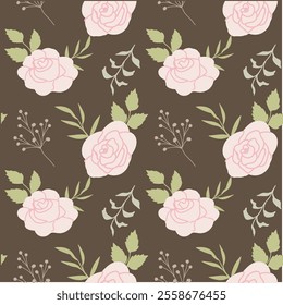 Floral pattern with pink roses and green leaves on brown background.