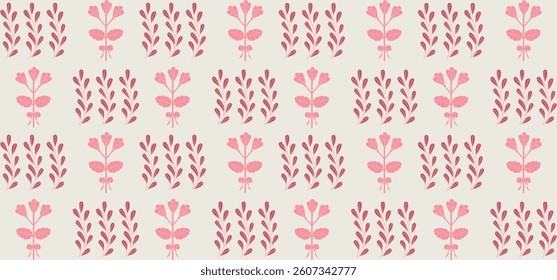 Floral pattern in pink shades on a light cream background. Seamless pattern with alternating leaves and flowers. Laconic and simple ornament
