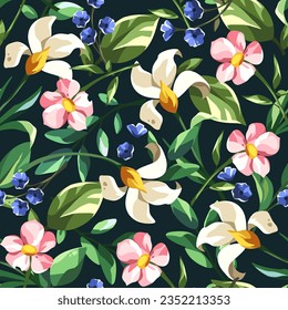 Blumenmuster mit rosafarbenen, weißen und blauen Blumen und grünen Blättern auf schwarzem Hintergrund. Nahtloser Blumendruck. Vektorgrafik