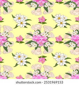 Floral Pattern with Pink, White, and Cream Flowers on Soft Yellow Background, Featuring Daisies, Roses, and Hibiscus for Spring-Themed Decor, Fashion Textiles, and Nature-Inspired Products