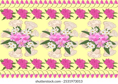 Floral Pattern with Pink, White, and Cream Flowers on Yellow Background, Featuring Vibrant Blooms and Green Leaves for Spring Decor, Fashion Textiles, and Nature-Inspired Digital Products